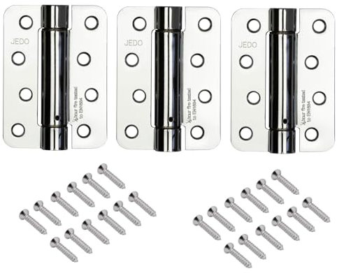 Pack of 3 Fire Rated Steel Radiused Single Action Spring Hinges, Self Closing Adjustable Spring Hinges 102x76mm Polished Chrome
