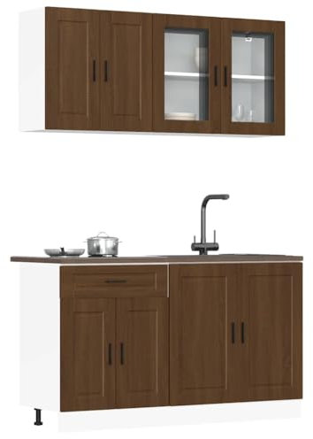 Emmtore 4-TLG. Küchenschrank-Set Holzwerkstoff, Küchenzeile Einbauküche, Schrank-Set, Unterschrank, Küchenschrank, Hängeschrank,Braune Eiche