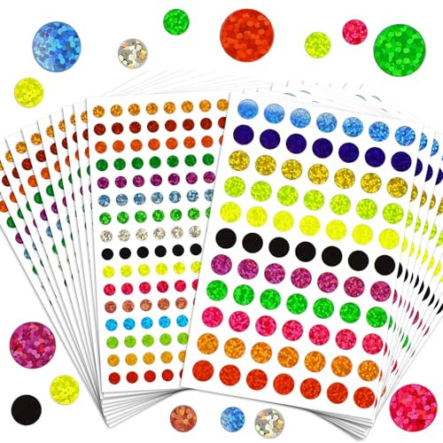 BETESSIN 2530 Stück Glitzer Aufkleber Rund - Bunte Glitzer Sticker mit Dots Motiven - Selbstklebende Belohnungssticker Kinder - Punkte Aufkleber für Scrapbook zum Basteln, uvm.