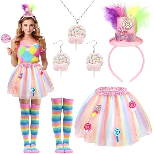 Beipegin Süßigkeiten Lollipop Kostüme für Damen, Zylinder Kopfband Zuckerstangen Ohrringe Halskette Regenbogen Tutu Strümpfe Süßigkeiten Candy Kostüme Cosplay Zubehör für Halloween Weihnachten