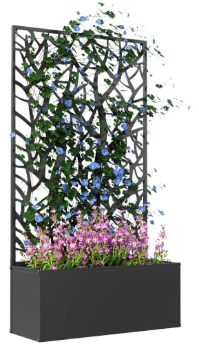 Outsunny Jardinière avec Treillis, Grands Arbres, 61x23x113cm, Noir | Brise-Vue Paravent, Jardinière Extérieure Métal sur Pieds ou Murale, Bac à Fleurs Rectangulaire Balcon Terrasse