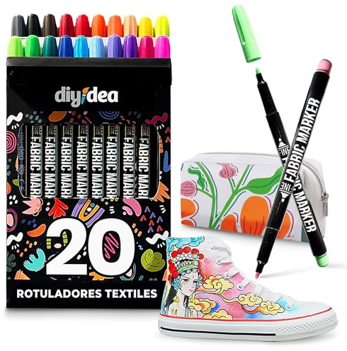 DIYIDEA Textilstifte Permanent 20 Farben Waschfest T-Shirt Stoff Bemalen | Permanente Textilstifte, ungiftig, ohne Bügeln, waschfest, für Baumwolle, Leinen, T-Shirt, Taschen, Schuhe