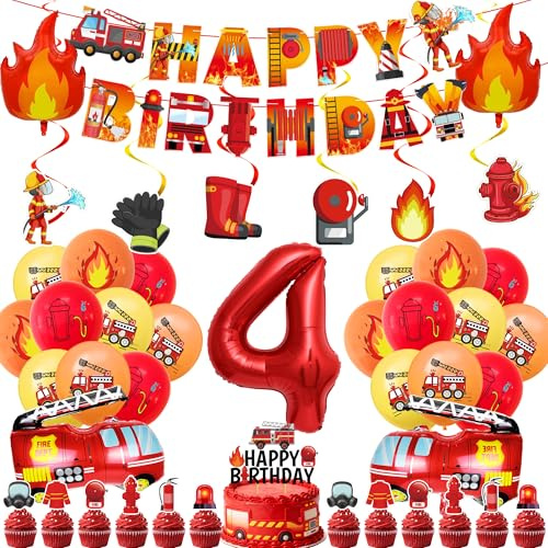 Feuerwehr Geburtstag Deko 4 Jahre - 45 Stück Rot Geburtstagsdeko | Feuerwehrmann Banner Zahlenballons Flamme Luftballon und Kuchendekoration für Junge Kindergeburtstag Partyzubehör