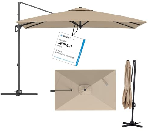 COSTWAY Sonnenschirm 300 x 200 cm, Alu Ampelschirm mit Kurbel, Gartenschirm rechteckig, 360° drehbar, Marktschirm, Terrassenschirm für Garten, Terrasse, Pool (Beige)