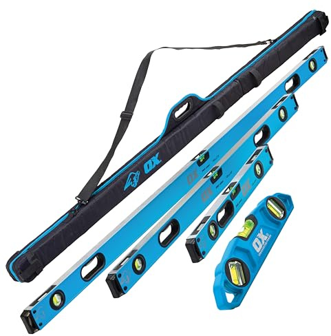 OX Pro Spirit Level Set 4pc – 1800, 1200, 600mm & Torpedo/Boat Level | 4-piece pro spirit level set | Magnetic torpedo & boat level | UV-resistant vials | Padded carry bag