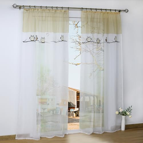 Yujiao Mao Stickerei Eule Druck Voile Vorhange Kinderzimmer Gardine Schal mit Kräuselband 1 Stück BxH 140x245cm Sand