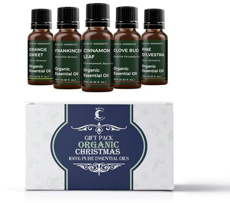 Mystic Moments | Organic Christmas Essential Oil Starter Pack | 5x10ml | Five essential oils: Cinnamon Leaf, Clove Bud, Frankincense, Orange and Pine for diffusers, burners and DIY blends.