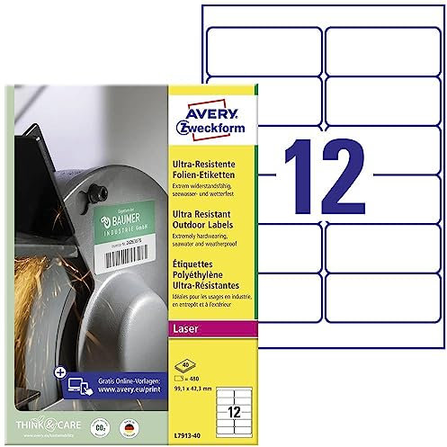 AVERY Zweckform L7913-40 Strapazierfähige Folienetiketten (480 Aufkleber, 99,1x42,3mm auf A4, extrem stark selbstklebend, für schwierige Oberflächen, bedruckbare Outdoor Klebefolie) 40 Blatt, weiß