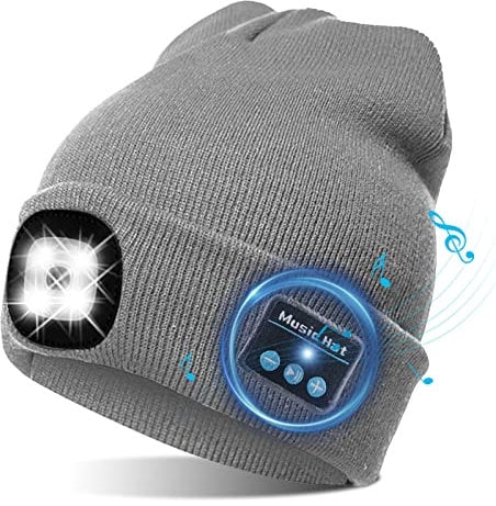 TAGVO LED Mütze Kappe Bluetooth 5.0 Mütze, Integrierter Stereolautsprecher & Mikrofon, Winter Warm Gestrickte Beleuchtung Drahtlose Bluetooth Headset Musik Hut für Laufen Wandern Herren Damen