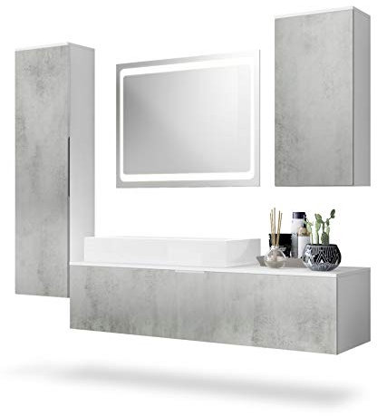 Vladon Badmöbel Komplettset Beach, Made in Germany, Korpus in Weiß matt/Fronten in Beton Oxid Optik, mit LED Spiegel und Aufsatzwaschbecken
