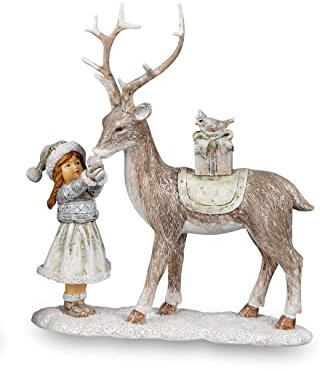 Small-Preis Nostalgische Winterkinder Hirsch und Mädchen in 2 Ausführungen Nostalgie Winter Figur Skulptur Klassisch 18,5cm (Modell 2)