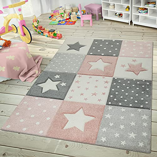 TT Home Kinderzimmer Teppich 3D Optik Konturenschnitt Geometrisches Karo Muster Pink, Größe:133 cm Quadrat