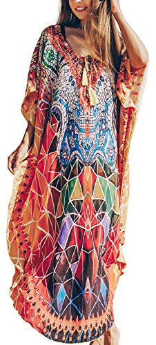 YouKD Vestido Maxi con Estampado Etnico de Caftán Largo Bohemio de Verano para Mujer Cover Ups de Bikini de Playa