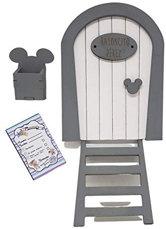 Puerta Ratoncito Pérez azul de madera,con escalera,buzón y certificado. Producto artesanal hecho en España (Blanco)