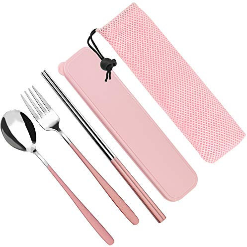 SNAGAROG Couverts de Table en Acier Inox Ménagère Couverts Antirouille Set de Couvert-Baguette Cuillères Fourchette Couverts de Voyage Rose Couverts de Camping avec Etui pour Voyage Camping Maison