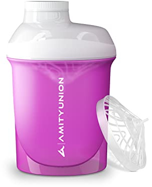 AMITYUNION Coctelera de proteínas para mujeres 400 ml Pink White Deluxe ORIGINAL - Sin BPA con tamiz, escala para batidos cremosos de suero de leche Taza de fitness para aislamientos y refuerzos