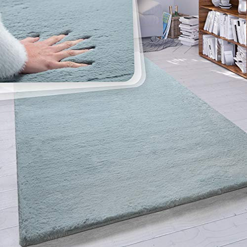 Paco Home Hochflor Teppich Wohnzimmer Schlafzimmer Shaggy Modern Flauschiger Fellteppich Weich Fell Imitat Kunstfell Einfarbig, Grösse:200 cm Quadrat, Farbe:Türkis