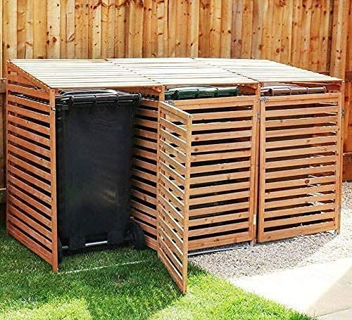Triple Wheelie Bin Storage Hideaway Wooden Store Cover Garden Rubbish Dustbin Conceals Three (3) 240L Compartments - 2021 Model