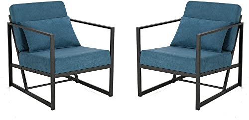 Mingone 2er Set Sessel Gepolsterter Cocktailsessel Relax Polstersessel Stuhl Lehnstuhl Blau aus Leinen Loungesessel mit Handläufen Eisengestell für Wohnzimmer