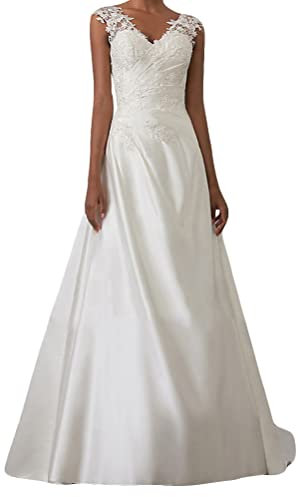 Onsoyours Hochzeitskleid Damen Lang Brautkleider Elegant Spitze Brautmode RüCkenfrei Abiball Prinzessin Kleider Abendkleider Elegant FüR Hochzeit Weiß 16 M