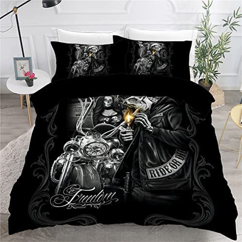 Eveone Punk Duvet Cover Single/Double/King/Super King Size Bed Sheets Pillowcase Set Demon Locomotive Gothic rose red gift Dark Skeleton Black cool goth Bedding 2/3/4PCS (2,Single-140×210cm-2pcs)