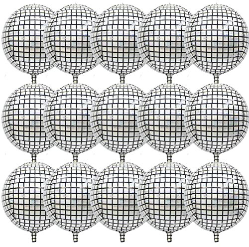 15 Stück 22 Zoll 4D Discokugel Luftballons Große Laser Folienballon Metallic Spiegelballon für Metallic Silber Disco Mylar Folienballons für Disco Thema Geburtstag Party Dekoration und Zubehör