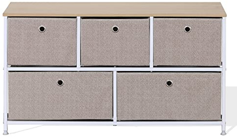 Rebecca Mobili Stoffkommode mit 5 Schubladen, niedrige Schubladen, weiß-beige, Metallrahmen, für Bad und Schlafzimmer - Maße: 55 x 100 x 29 cm (HxLxB) - Art. RE6750