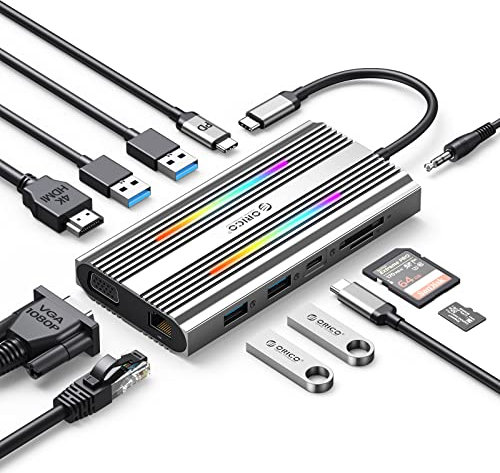 ORICO 12 in 1 USB C Docking Station, HDMI 4K, VGA 1080P, PD 100W, RJ45, 4 USB 3.0, SD/TF, AUX, 14 Modalità RGB Illuminazione, Compatibile per Windows/Mac OS