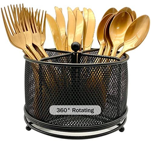 DysanVica 360° drehbarer Metall-Utensilienbehälter – 4 Fächer, Besteckhalter, Messer, Gabel, Löffel, Servietten-Organizer, Besteck-Aufbewahrungskorb, Party-Arbeitsplatte, Buffet, Bauernhaus, BBQ
