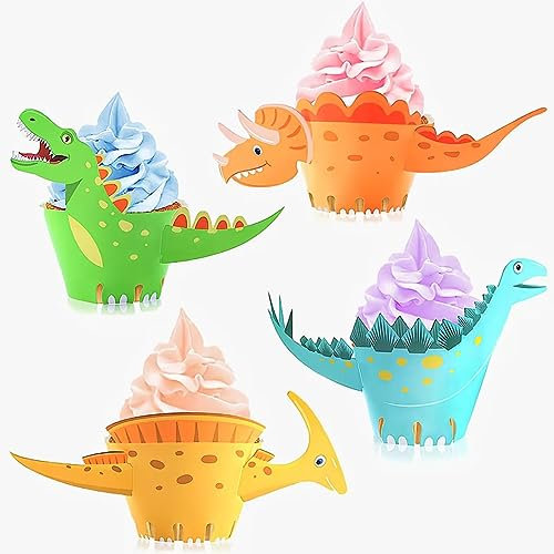 24 Stück Dinosaurier Cupcake Wrapper, Dino Muffin Wrapper, Dino Kuchen Cupcake Dekoration, Dinosaurier Cake Wrapper, Dinosaurier Kuchen Dekoration Papier, für Kinder Party Dinosaurier Geburtstag Deko