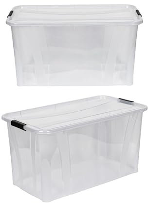 Kreher® XL Aufbewahrungsboxen mit Deckel aus Lebensmittel-geeignetem Kunststoff in Transparent. Stapelbare Lagerboxen für Haushalt, Garage, Industrie (80 Liter, 2er Set)