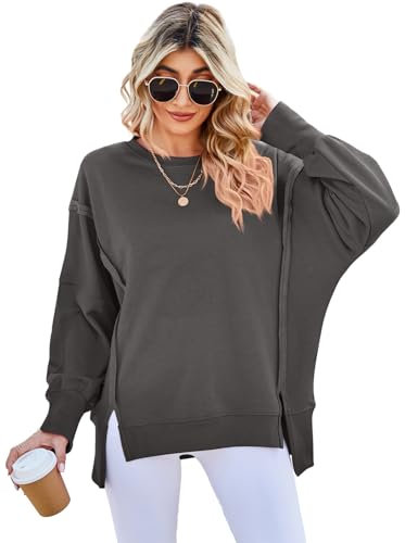 SotRong Oversized Sweatshirts for Women Uk Crewneck Long Sleeve T Shirts Casual Side Slit Sloucthy Boxy Pullover Top Girls Fashion Spring Fall Winter Clothes Dark Grey S