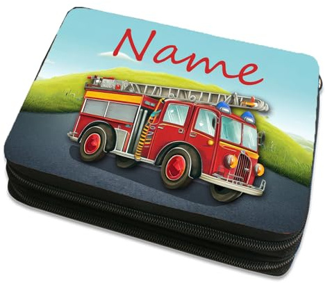 Maus-Design Doppeldecker Federmäppchen personalisiert, befüllt, Feuerwehr | mit Namen oder anderem Text, Schriftartwahl