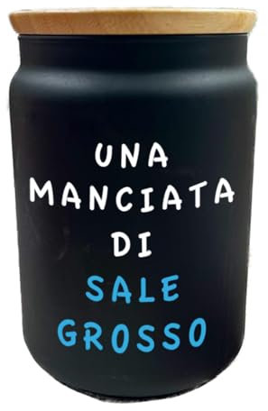 Generico Una manciata di sale grosso Contenitore con coperchio In Vetro alto 16cm. Personalizzato Con Coperchio Legno da 1.1l Idea Regalo Conservazione Alimenti Secchi Cucina Casa Decorazioni