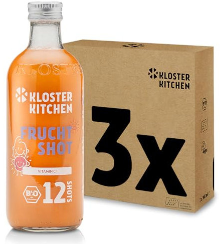 Kloster Kitchen Bio Ingwer Shot Frucht 12SHOTS 3x 360 ml mit echten Ingwerstückchen I Ingwershot vegan I Glasflasche I ohne Zusatzstoffe & mit natürlicher Süße (inkl. 0,75€ EINWEG Pfand)