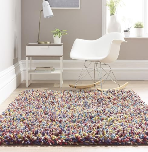 Lord of Rugs Hochflor-Teppich aus Wolle, handgewebt, für modernes klassisches Wohnzimmer, Schlafzimmer, Nachttisch, Zuhause, luxuriös, dick, flauschig, weich, mehrfarbig, klein, 80 x 150 cm