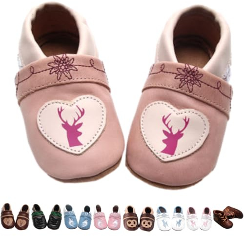 Gipfli Baby Krabbelschuhe aus weichem Leder, Trachten Lederpuschen für Mädchen und Jungen passend zu Dirndl und Lederhose, Geschenk, 0–24 Monate
