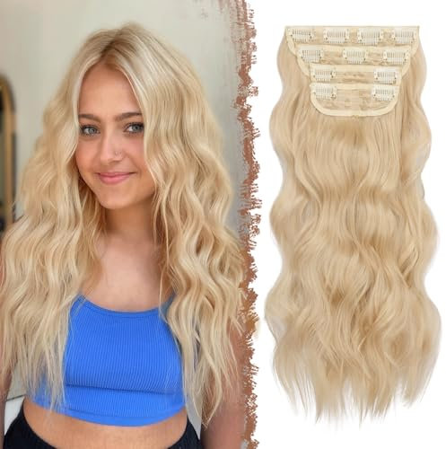 FESHFEN Clip in Extensions, 4PCS 50 cm Voller Kopf Haarverlängerungen mit Clips Synthetik Gewellte Haarextension Blond Wavy Haar Extensions Clip in Haarteil für Frauen, 180g