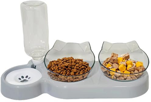 Ensemble de gamelles 3 en 1 pour Chat - Gamelles Amovibles pour Chat et Chien - Double gamelle avec Distributeur d'eau Automatique - Mangeoire Anti-déversement avec Support pour Chiens de Petite et