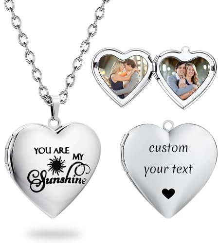 PHOCKSIN Silver Heart Locket Necklace You Are My Sunshine Personalised Love Heart Necklace that Holds Pictures Customised Gifts Locket Necklaces for Girls Birthday