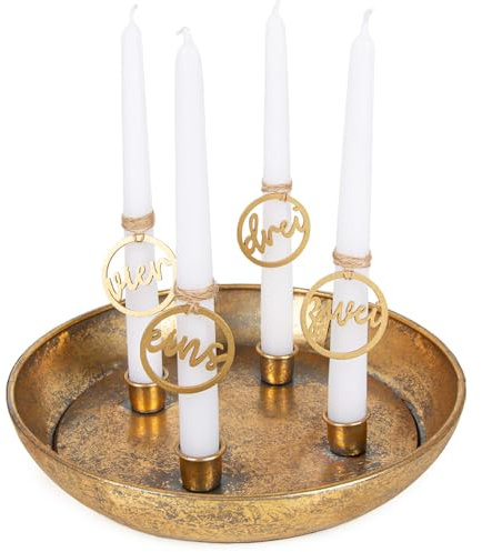 Logbuch-Verlag Adventskranz Gold aus Alu mit Stabkerzen und Kerzenteller + eins Zwei DREI Vier Holz Zahlen 28 cm