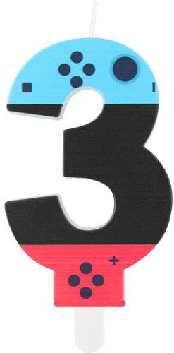 Geburtstagskerze mit Spielkontroller, Gaming-Party-Kerze, für Jungen und Mädchen 3rd Geburtstagdekorationen, Blaue rote Zahl 3 Kerze, Spiel-Controller-Kuchenaufsatz für Geburtstagsdekorationen