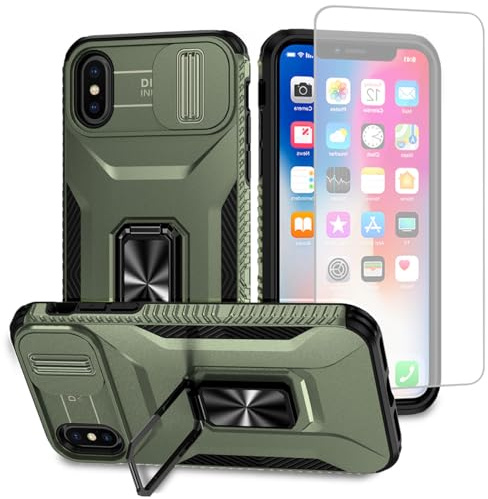 Vavies Case for iPhone Xs Max Case with Tempered Glass Screen Protector and Slide Camera Cover, Magnetic Ring Car Mount Holder Shockproof Cover for Apple iPhone Xs Max Green