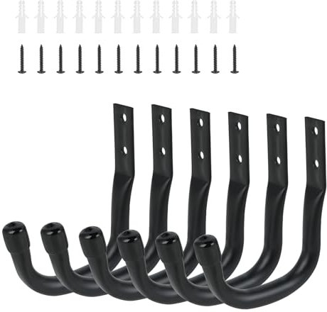 6 crochets muraux - support vélo mural robuste, porte-vélo mural noir pour garage, crochets en J pour échelle, rangement vélos, outils électriques, tuyaux d’arrosage, chaises pliantes - 9 cm x 11 cm