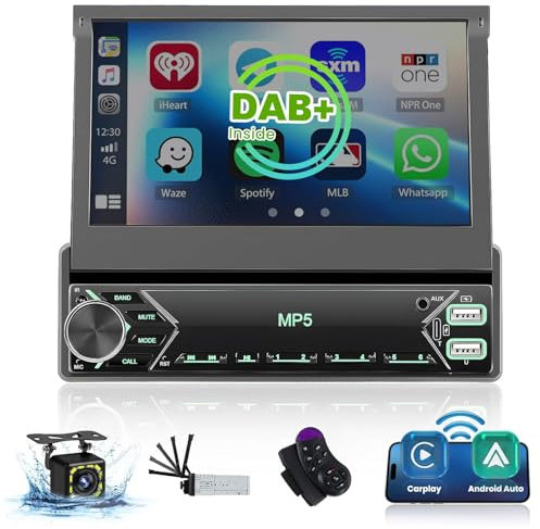 Inefala Autoradio 1 Din avec Ecran Retractable de 7 Pouces, Adaptateur Dab, Carplay sans Fil Android Auto, Poste Radio Voiture Bluetooth avec Caméra Arrière, Mic et Télécommande, USB SWC Radio FM