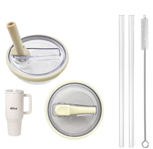 Rimoleur 2 Pack 40 oz Tumbler Flip Straw Lid Replacement, Fit for HydroJug, Spill Proof, Splash Resistant, Reusable, Leak Proof, Collapsible Straw, Cream