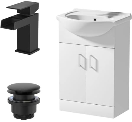 Affine® 560mm Bathroom Vanity Unit Ceramic Sink Floorstanding Storage Cabinet Cupboard & Black Waterfall Basin Tap & Waste Set, White Gloss