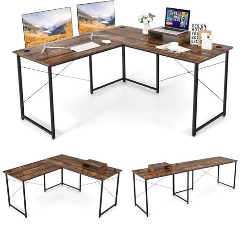 FANTASK 150 x 150 x 74 cm Schreibtisch L-Form Rustikales Braun, Ecktisch mit 3 Kabellöchern, Reversibler Eckschreibtisch mit Monitorständer, Gaming Computertisch Bürotisch