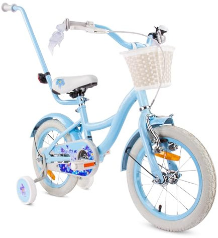 sun baby Flower Bike Vélo pour Une Fille 12 14 16 Pouces, Vélo Enfant 2-6 Ans, avec Barre de poussée, Panier, Sonnette (Bleu, 14 Pouces)