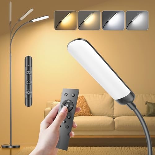 YICAIZI 18W Dimmbare LED Stehlampe mit Fernbedienung - 1200 Lumen, 4 Farbtemperaturen & 4 Helligkeitsstufen - Ideal für Wohnzimmer, Schlafzimmer, Büro - Schwarz
